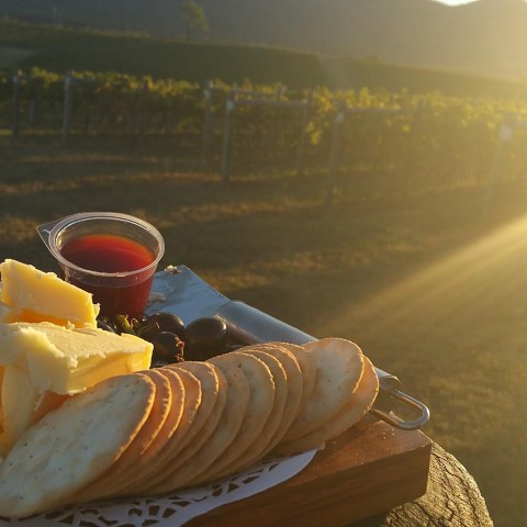 cheese and wine on a sunset